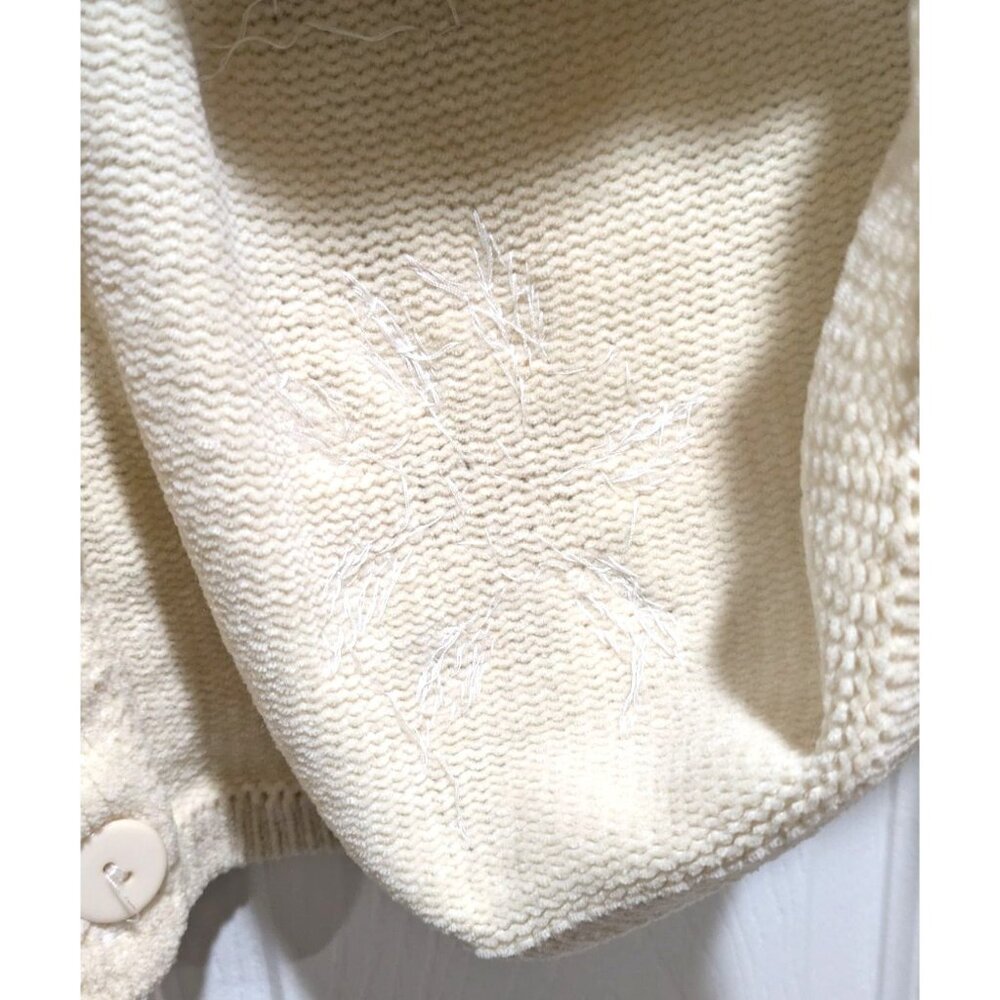 VTG J Two New York Womens Cardigan XXL Cream Faux Fur Collar Sequins Snowflakes - Picture 13 of 13